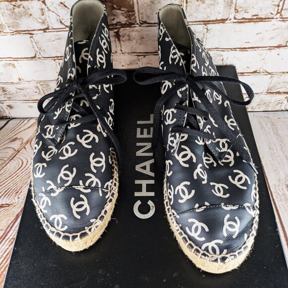 Chanel Lace-Up Espadrilles, Black and White, Size 8.5 Women - Picture 5 of 6